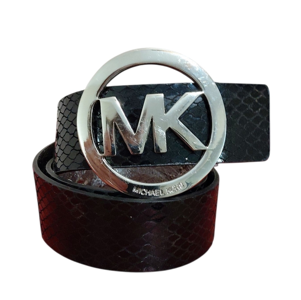 Michael Kors Black Leather Belt With Gold MK Buckle Women's Size Medium 34